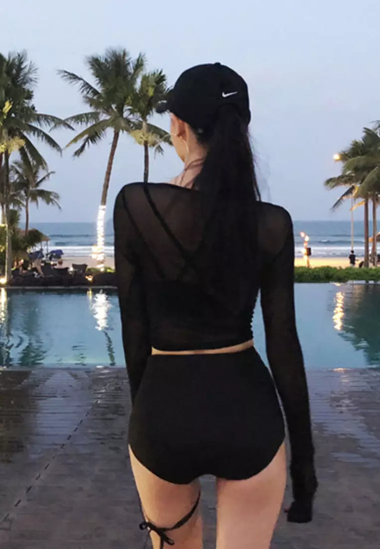 Black Mesh Three Piece Swimsuit CA071702