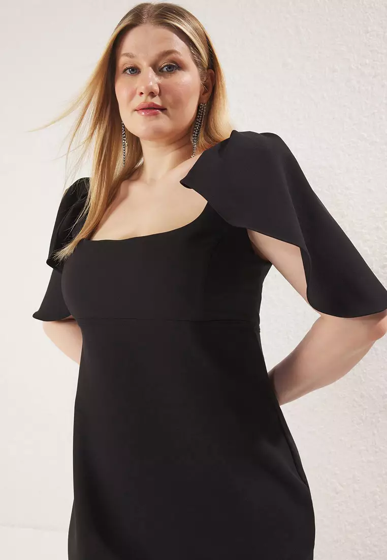 Black Watermelon Sleeve Maxi Woven Party Plus Size Dress Tbbss25Ah00148
