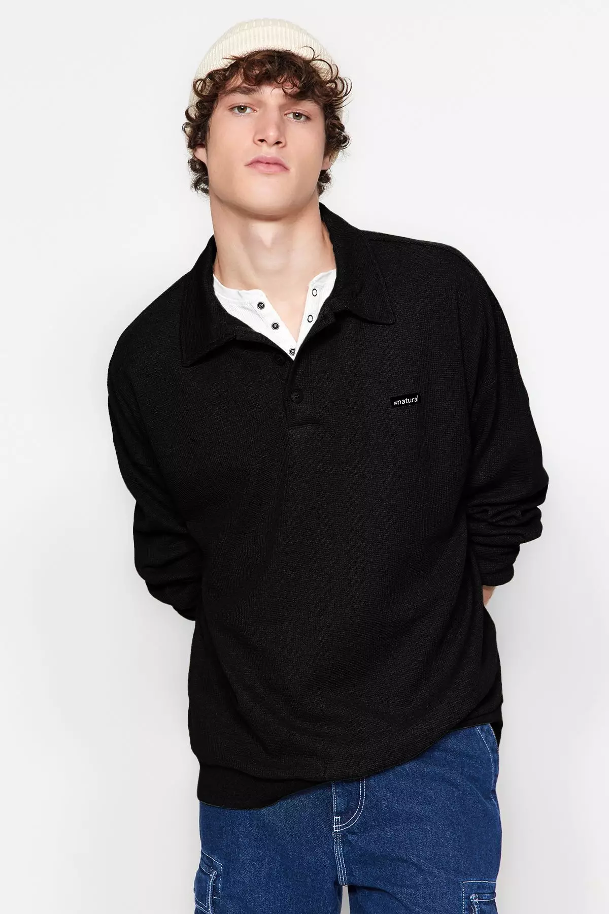 Black Oversize/Wide Cut Labeled Textured Polo Collar Non-raised Sweatshirt TMNAW24SW00224