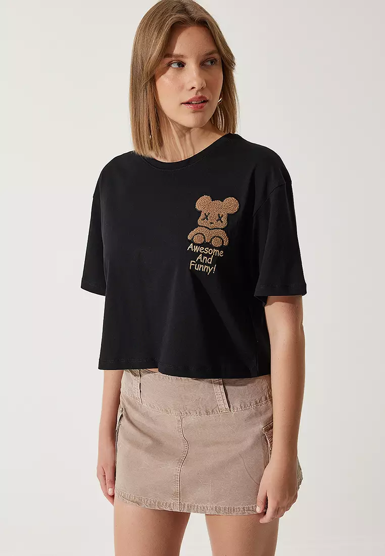 Cotton Embroidery Crop T-Shirt