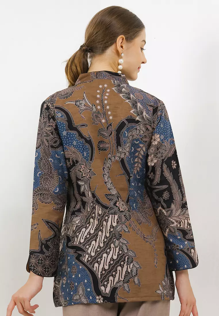 Blouse Batik Trisira Coklat Biru Premium Slimfit Elegant