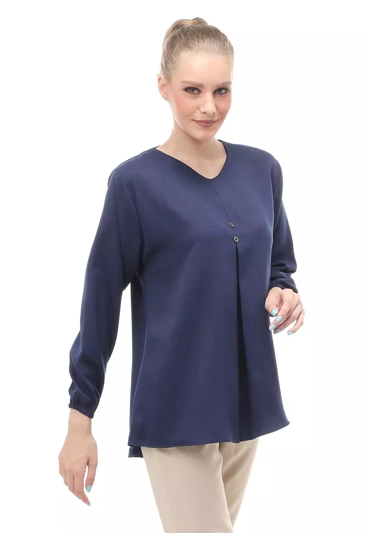 Mitzi Blouse Wanita Kerah V-neck Motif Solid Aksen Kancing Design Casual - Navy