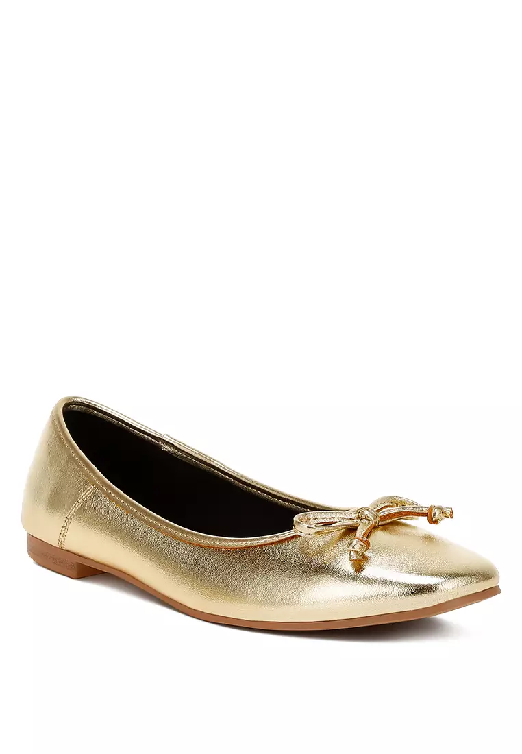 Bow Detail Metallic Ballerinas in Gold