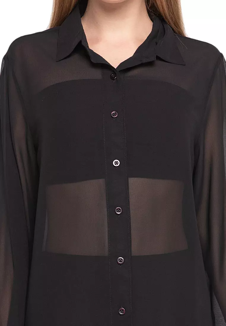 Calder Kemeja Atasan Transparan Front Button Opening Design Simple Plain Shirt Wanita - Black