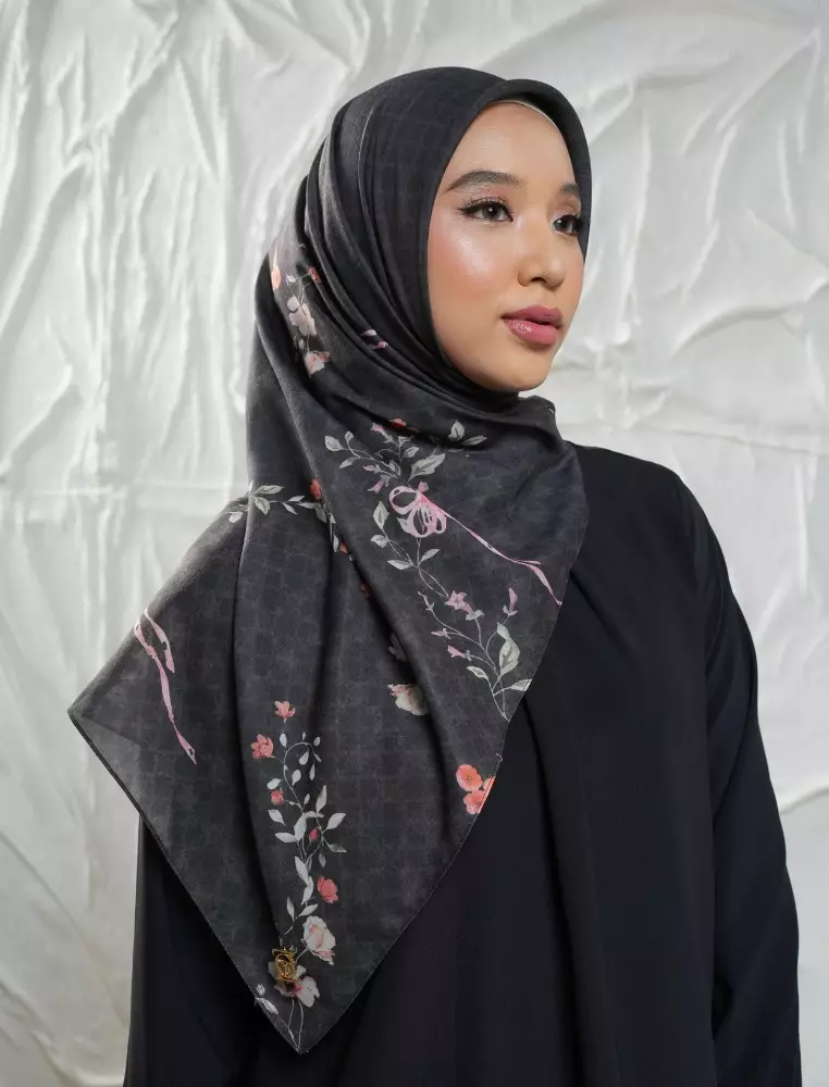 FLEUR Scarf Black - Kerudung Hijab Segiempat Motif With BOX - Bahan Nesla - Ukuran 115x115