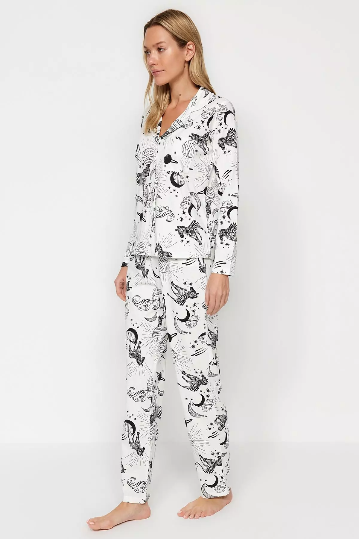 White 100% Cotton Patterned Shirt-Pants Knitted Pajama Set THMAW24PT00002