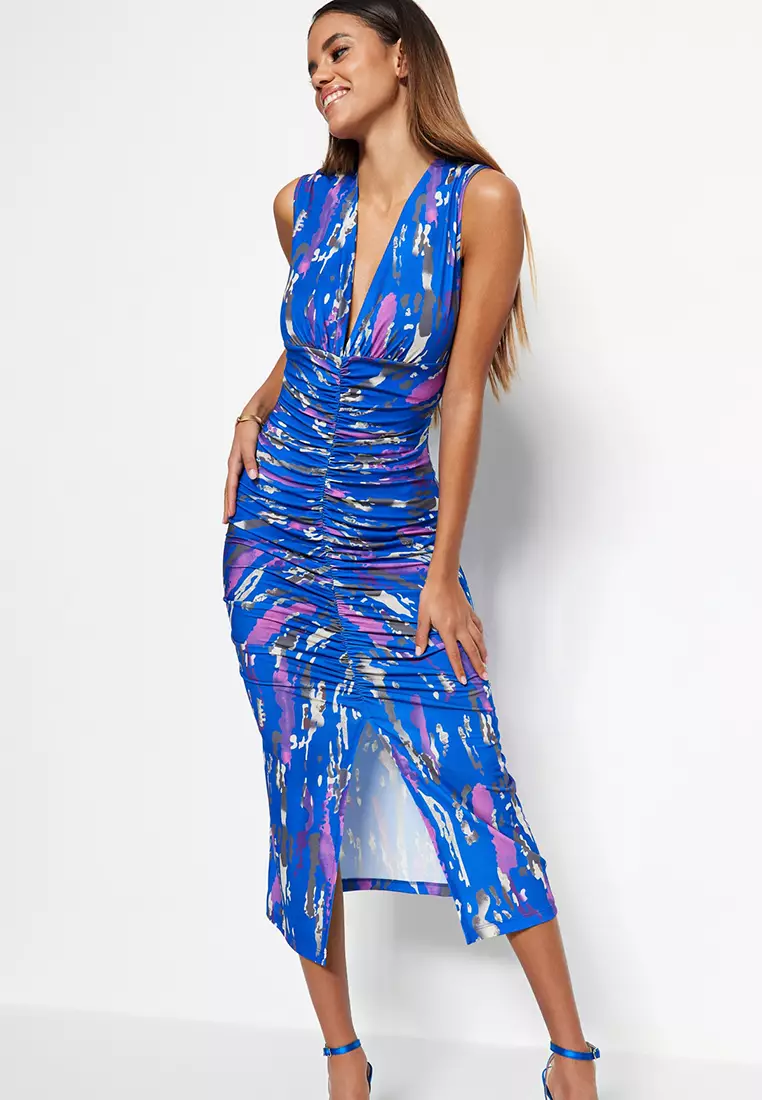 Printed Knitted Midi Dress with Shirring