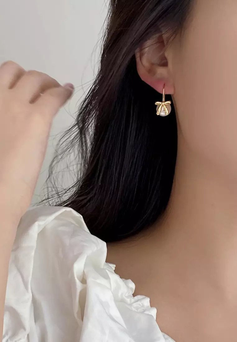 925 Silver Plated Gold Freshwater Pearl Ribbon Earrings JW HG-791