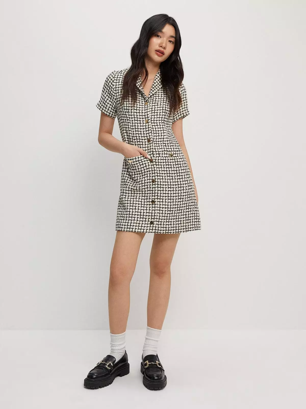 Tweed Short Sleeve Button Mini Dress - White