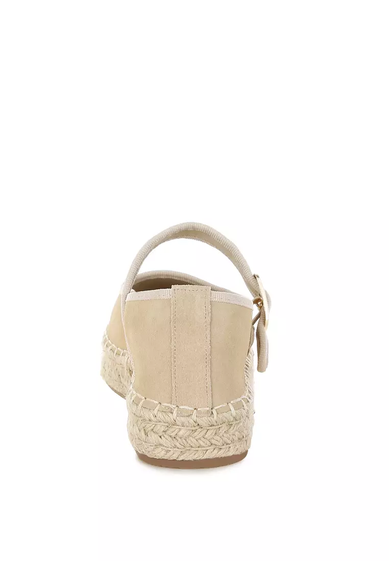 Soft Suede Leather Mary Jane Espadrilles In Beige