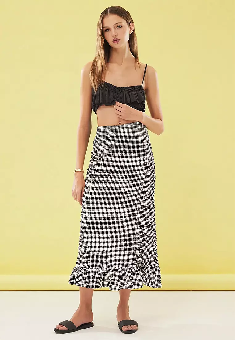 Black Seersucker Fabric Gingham Pattern Maxi Length Woven Skirt