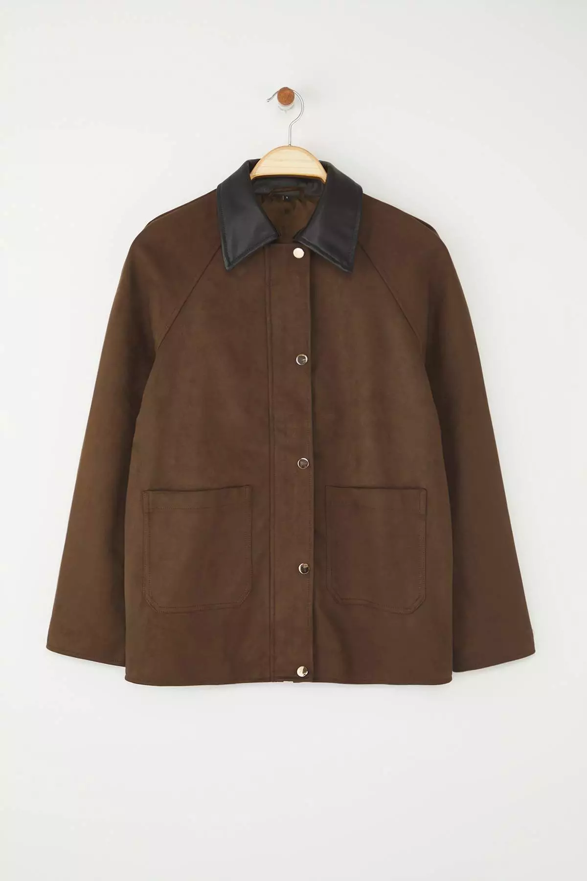 Brown Regular Pattern Collar Faux Leather Detailed Suede Thin Jacket Coat