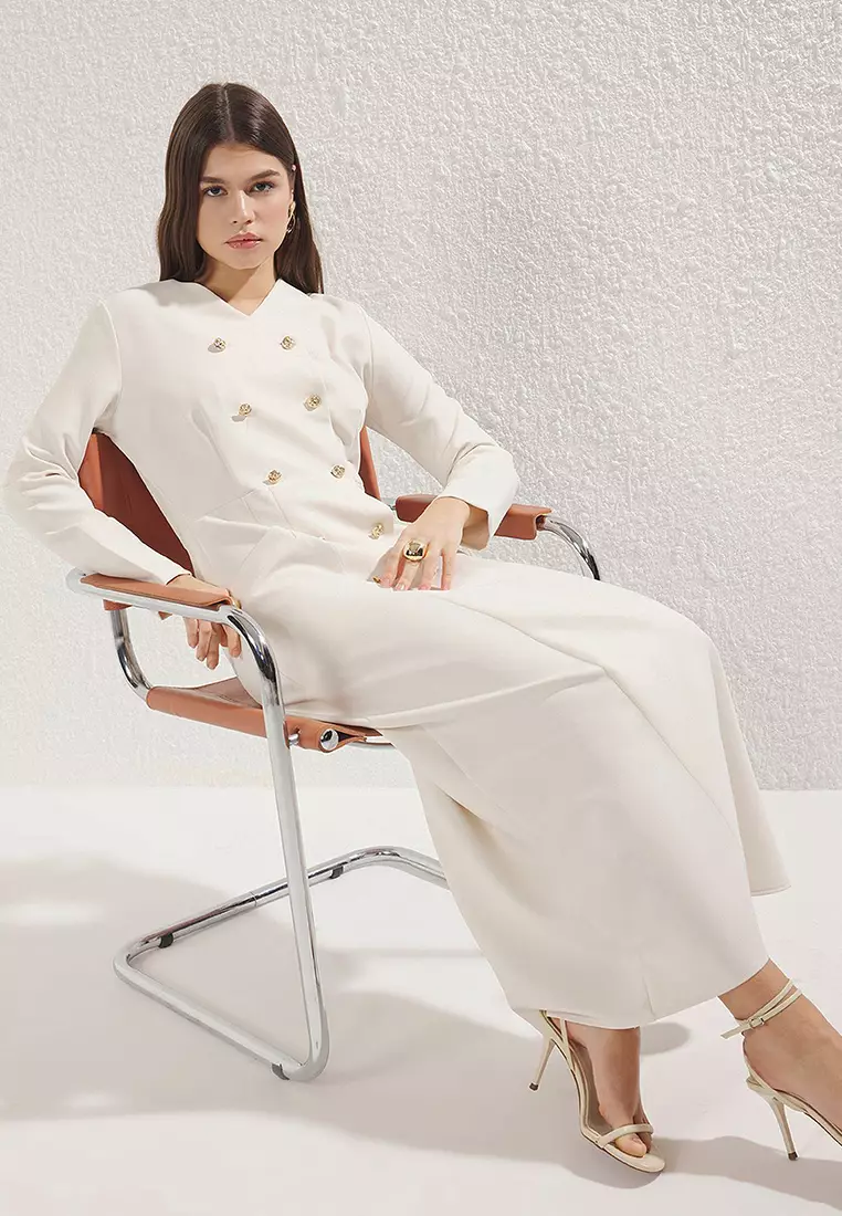Beige Buttoned Woven Fabric Dress TCTSS25EB00027
