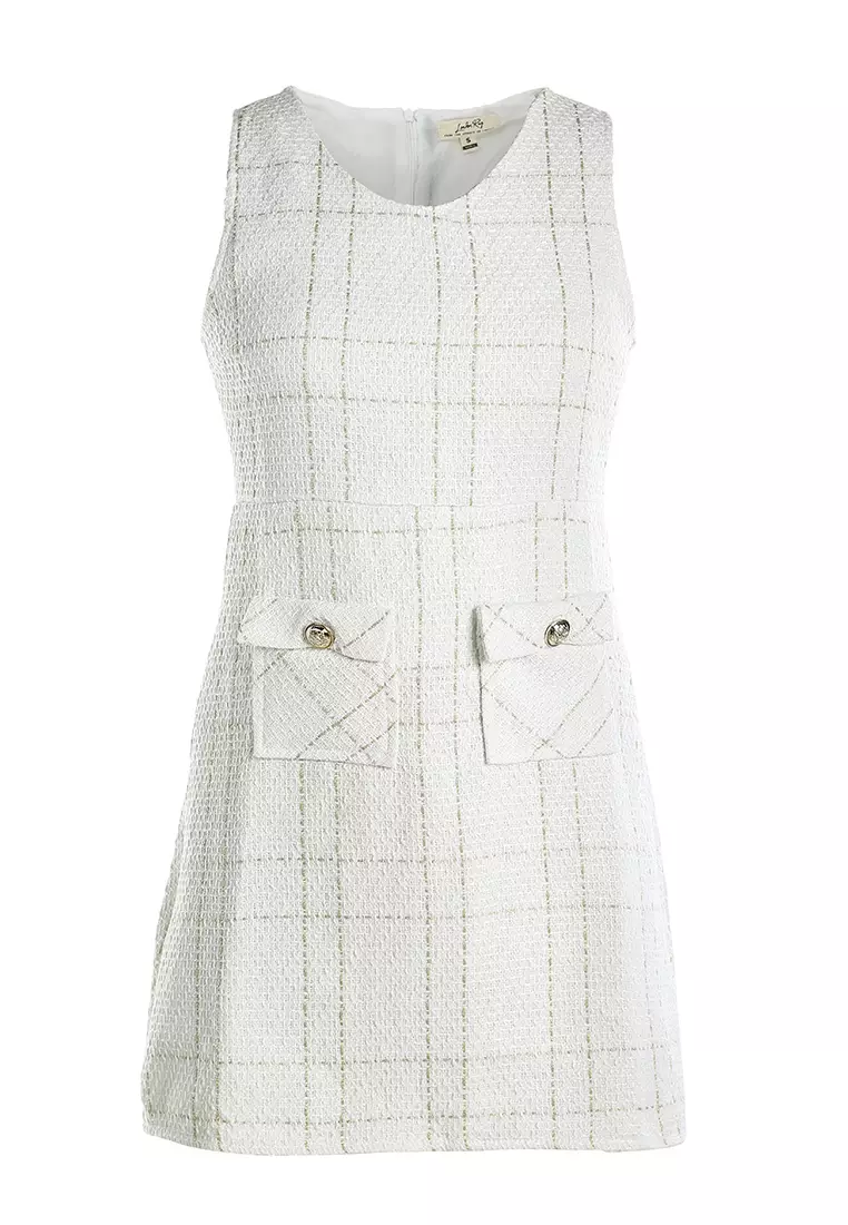 灰白色無袖梭織有蓋口袋迷你連身裙