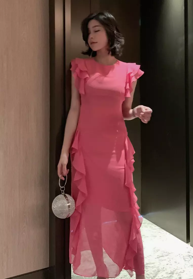 Korean Style Chiffon Slim Long Fishtail One-Piece Dress A21051301RD