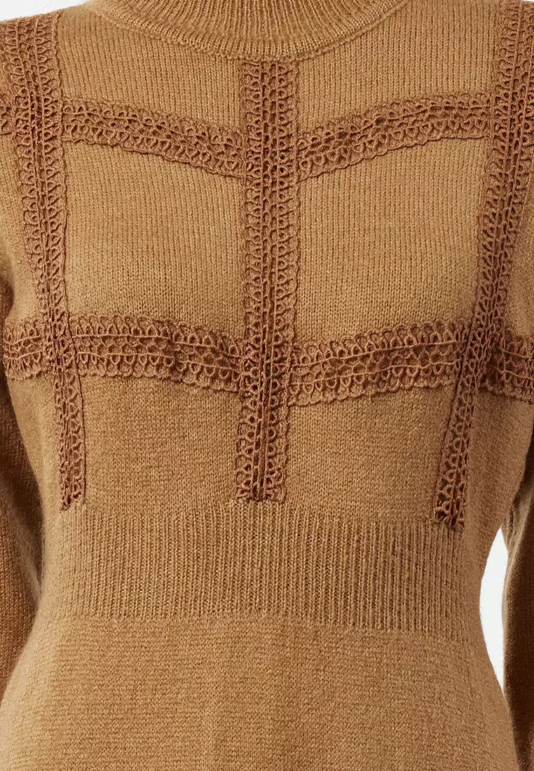Beige Lace Detailed Soft Textured Knitwear Dress Tctaw25Eb00015