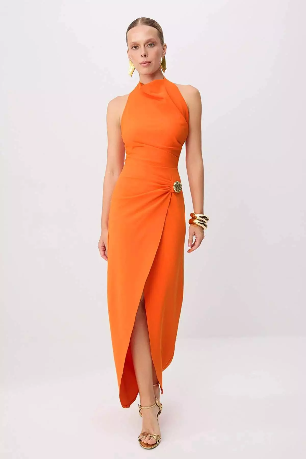 Buy Trendyol Orange Halter Neck Shift/Straight Cut Maxi Evening ...