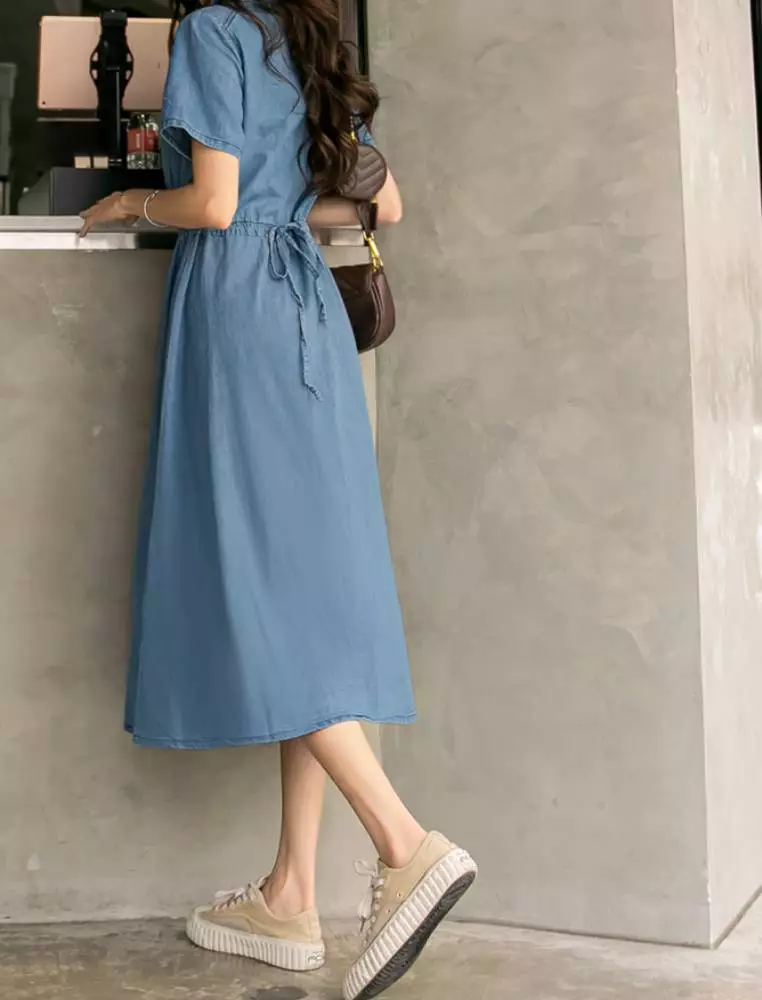 Denim Waist-tie Flared Hem Dress [DA8483]