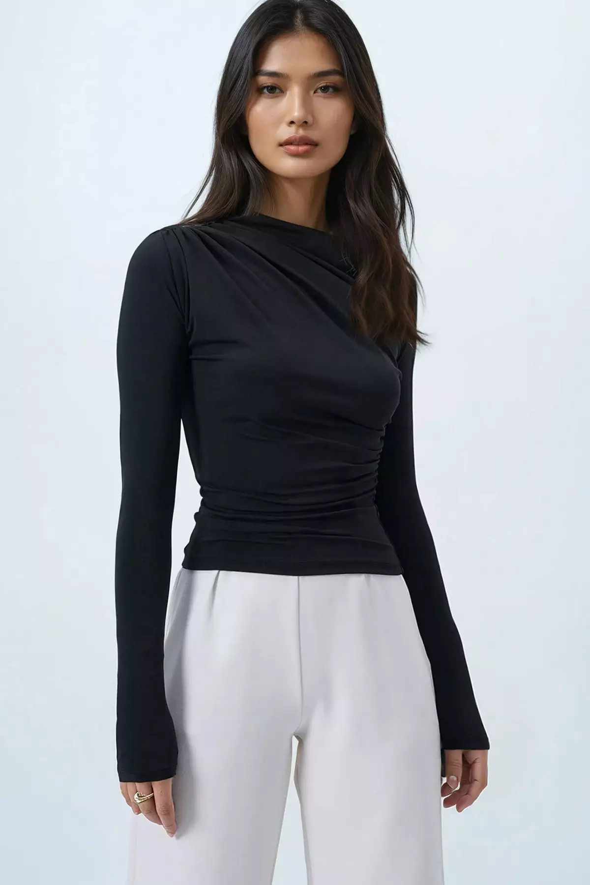 Women's Black Sandy Blouse With Draped Waist And Shoulder Details Alc-X14376