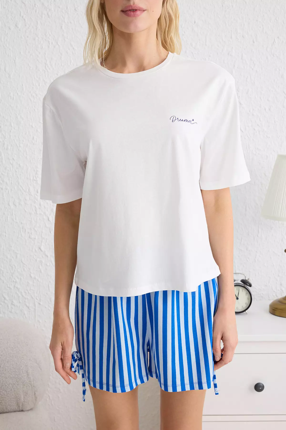 White-Blue Striped Tie Detail Knitted Pajama Set With Shorts