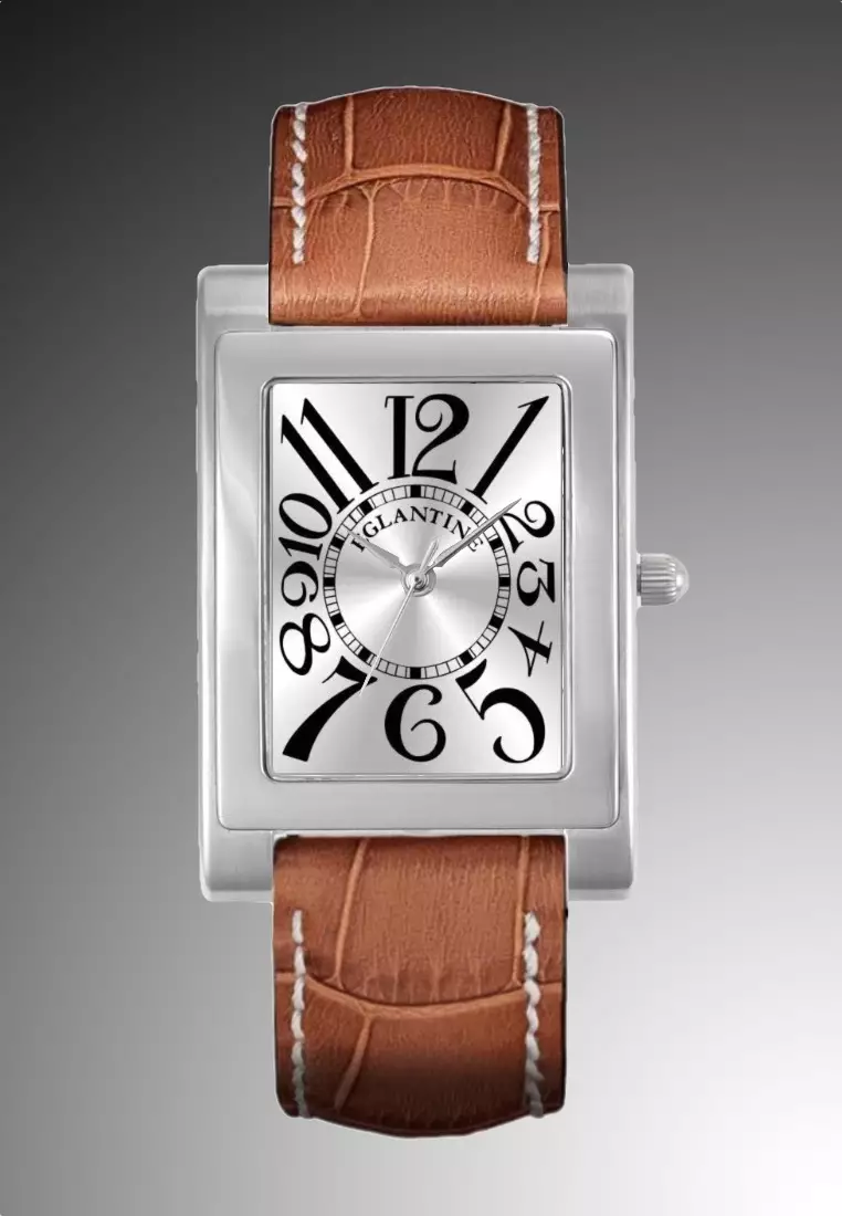 MATIGNON 中性石英錶，銀色錶盤搭配黑色阿拉伯數字，棕色皮革錶帶