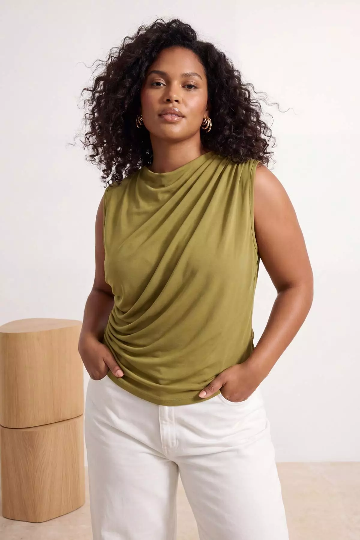 Green Mock Neck Ruched Detail Sleeveless Knitted Large Size Blouse Tbbss26Af00065