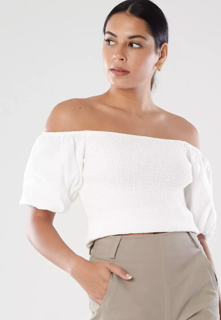 White smocked off sale the shoulder top