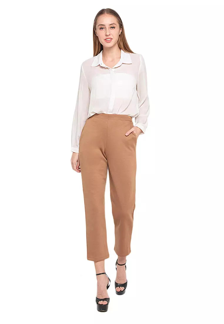 Ailen Tapered Long Pants Motif Solid High Quality Bawahan Wanita - Brown