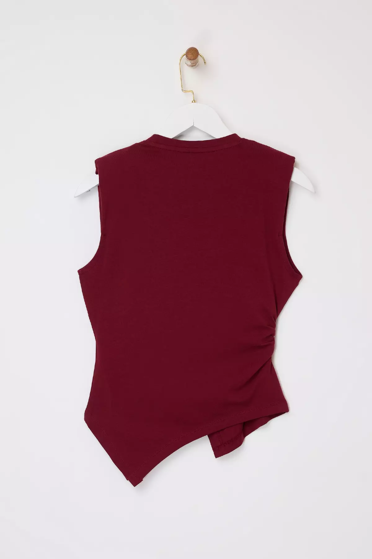 Burgundy Fitted/Bodycon Sleeveless Asymmetrical Cotton Stretchy Knitted Blouse Twoss26Bz81