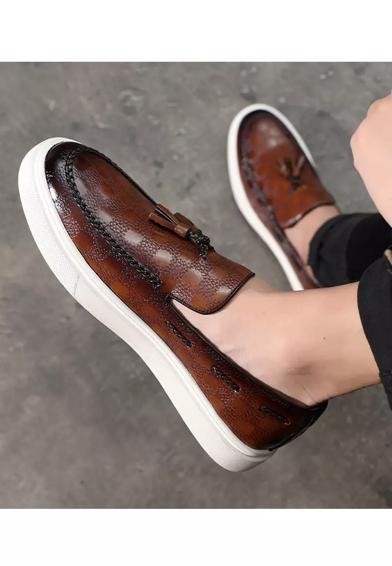 Checkered Pattern Synthetic Leather Tassel Loafers WZWH-S11
