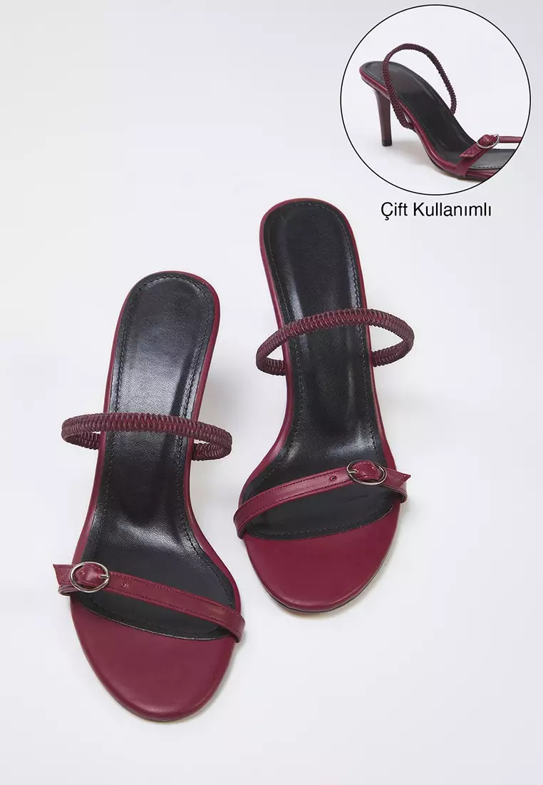 Burgundy Buckle Detailed Dual-Use Thin Heeled Almond Toe Women Heeled Sandals Takss25To00010