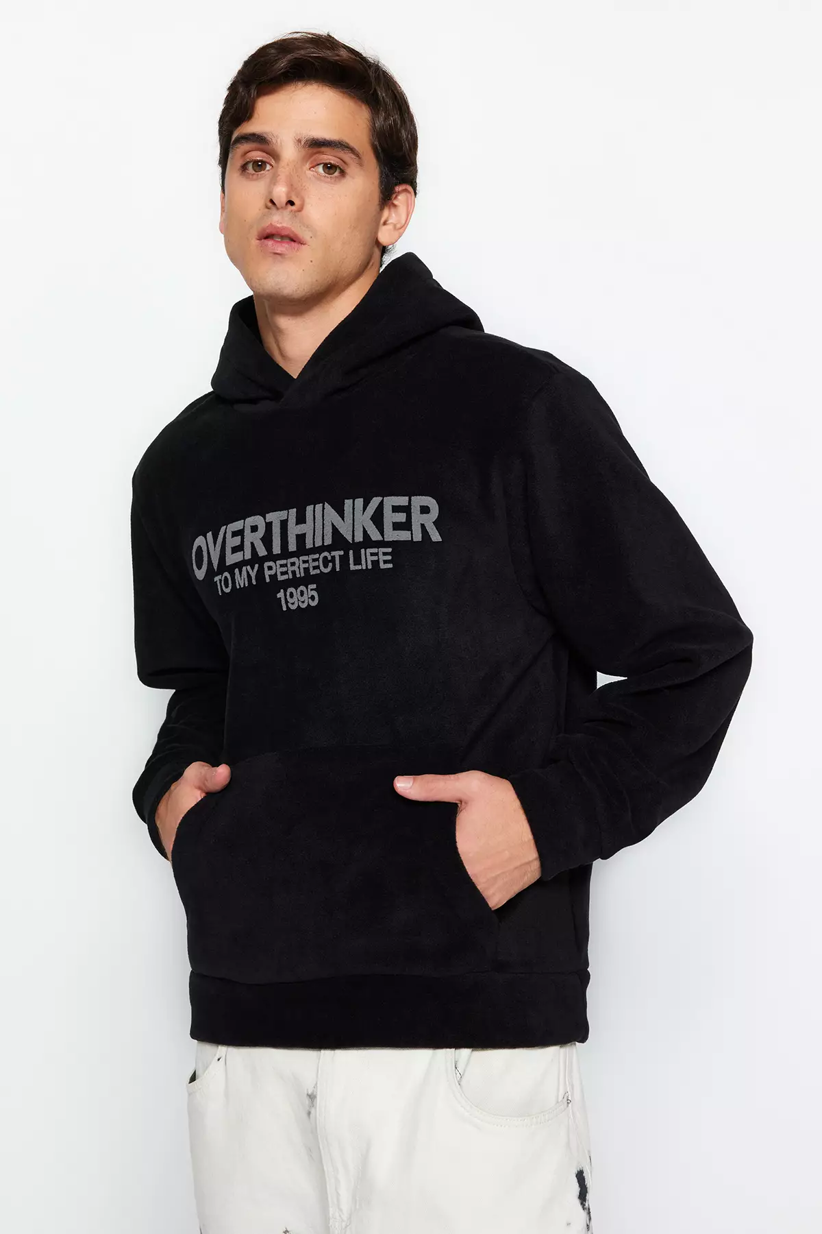 線上選購Trendyol Black Men's Regular/Regular Cut Hoodie with Text Printed  Keeping You Warm, Thick Fleece/Plush Sweatshirt.