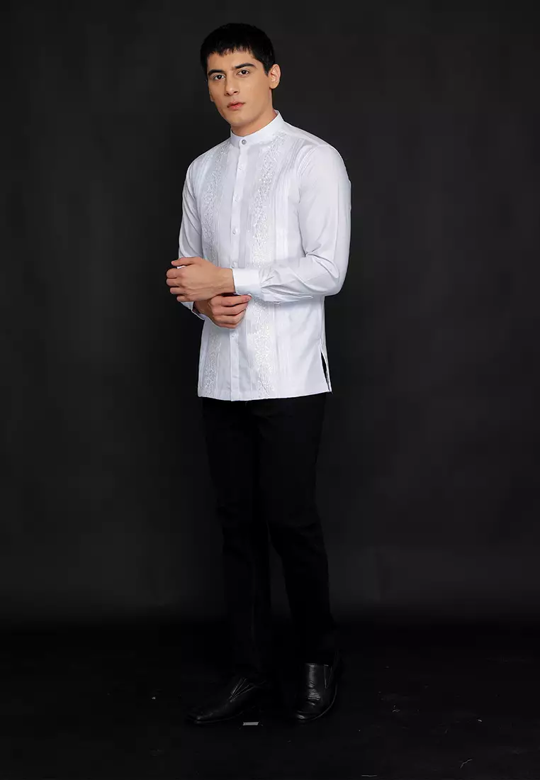 Casella Baju Koko Pria Lengan Panjang Bordir Pleats Design 9817 White