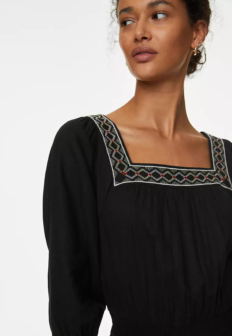 Linen Blend Embroidered Shirred Dress