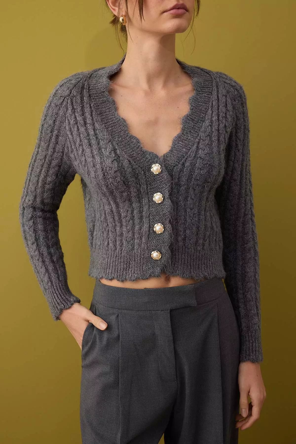 Anthracite Soft Textured Pearl Button Detailed Crop Knitwear Cardigan Twoaw26Hi185