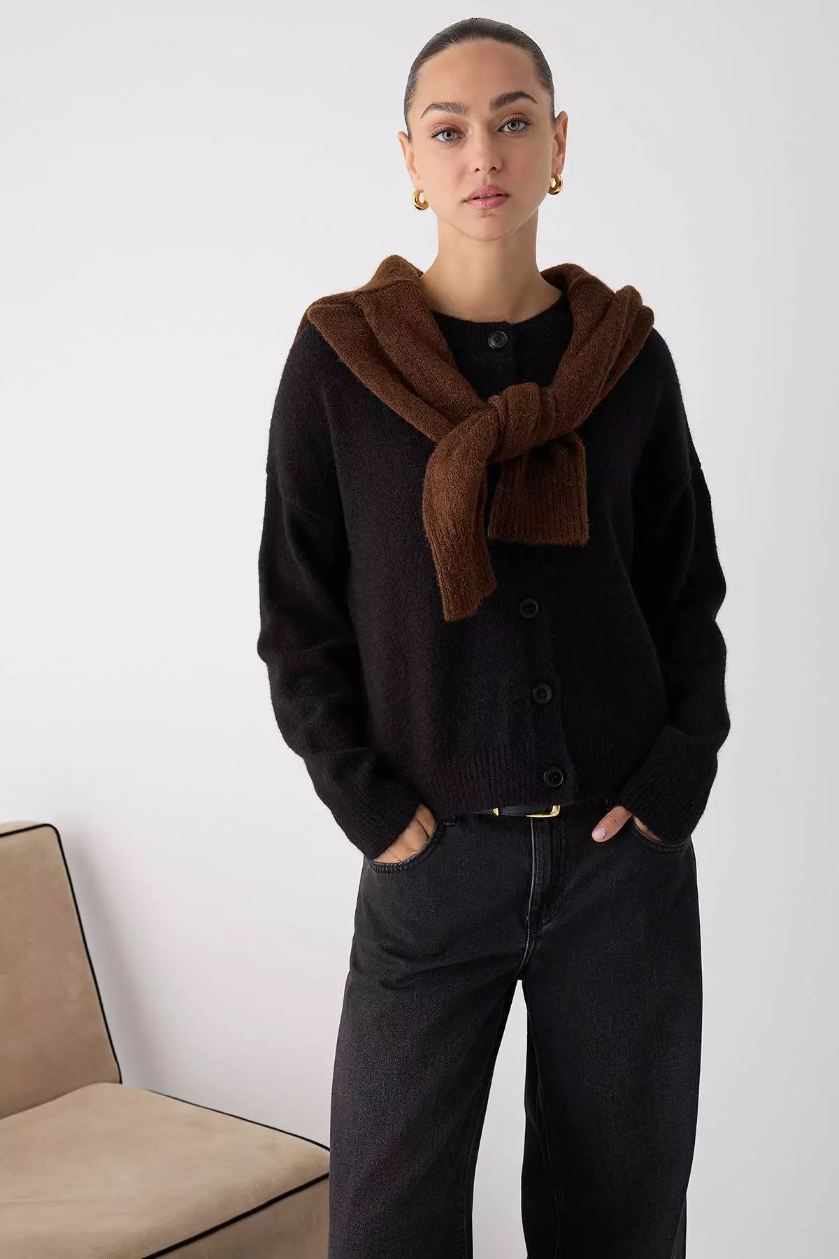 Black Alpaca Wool Blended Wide Fit Knitwear Cardigan