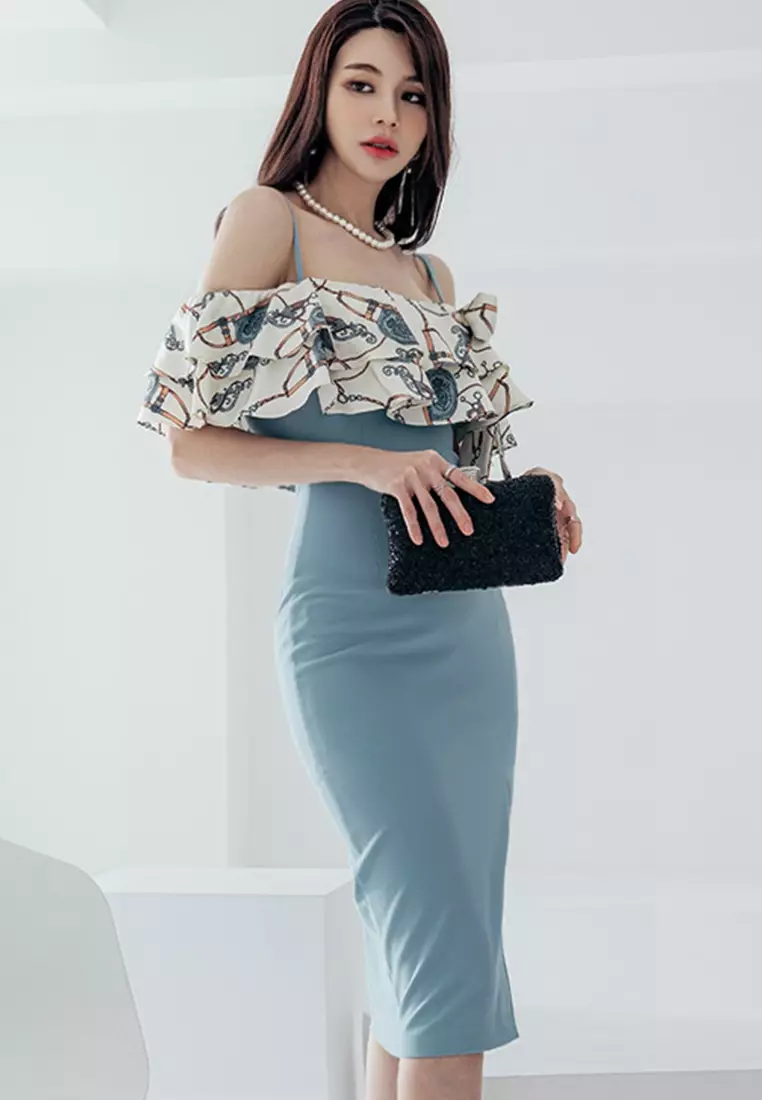 Sexy Suspender Print Ruffled Hip One Piece Dress A22022529