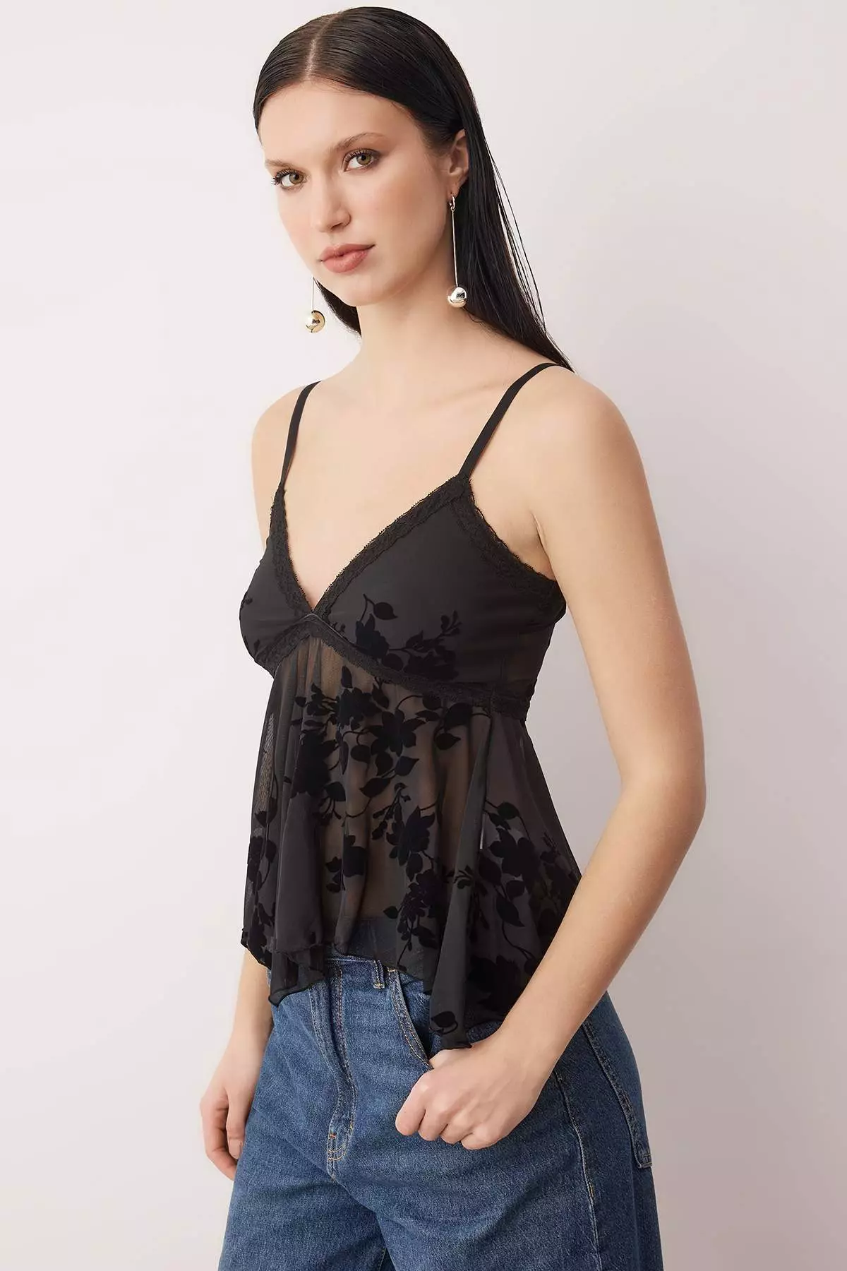 Black Floral Flywheel Detailed Tulle Party Blouse Tpraw26Bz56