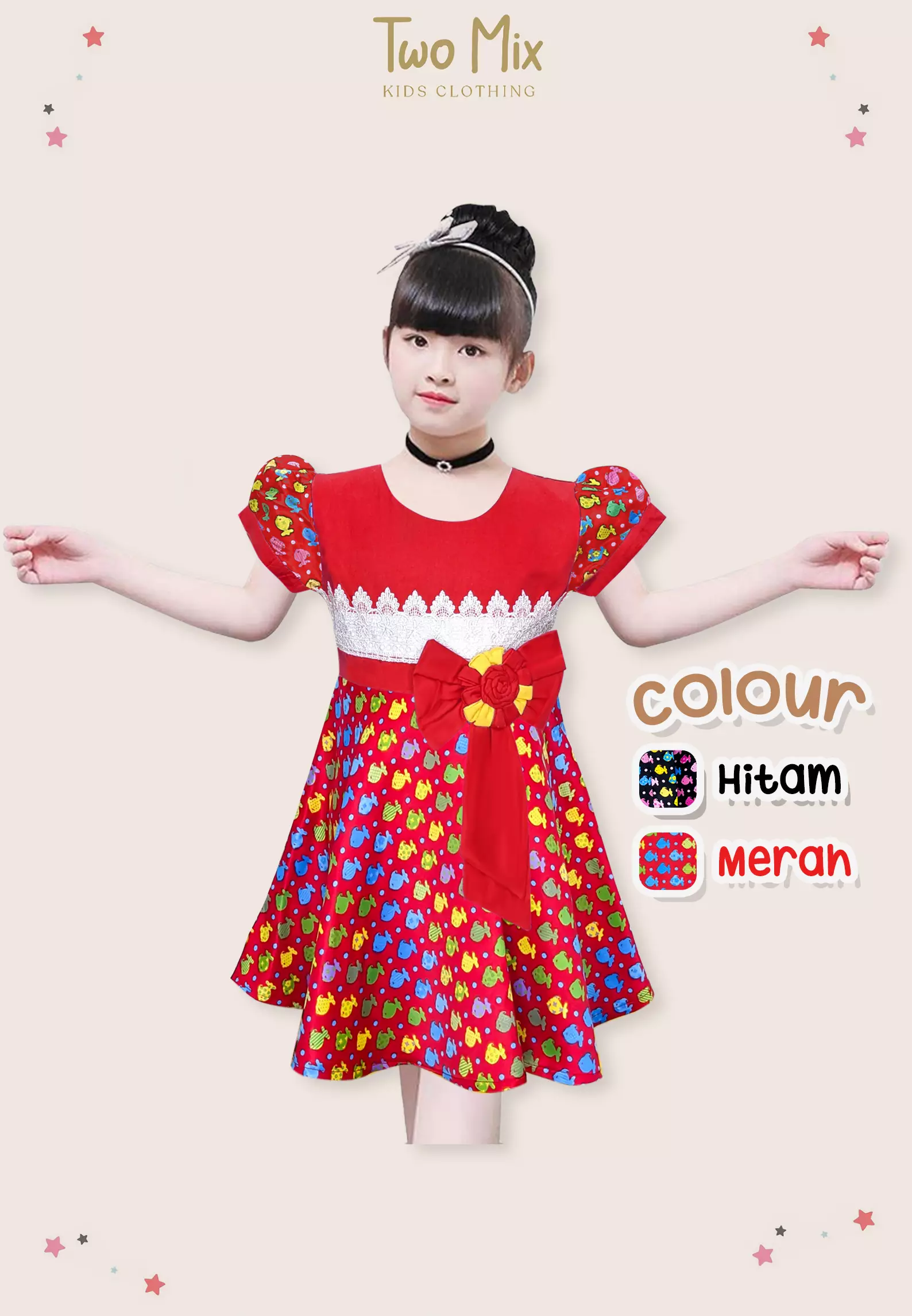 Two Mix Baju Anak Perempuan - Dress Anak Cantik Bahan Satin Usia 1-12 Tahun Y850 Merah