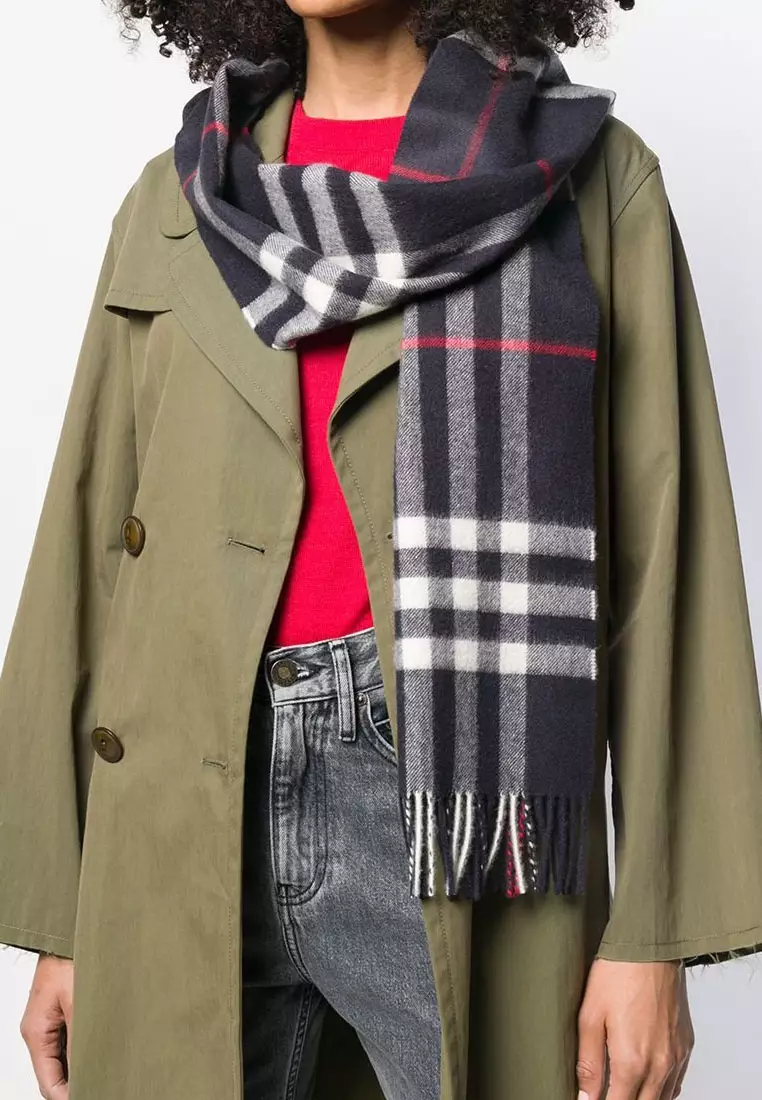 Checkered Cashmere Shawl Mustard Syal Wanita Navy Blue