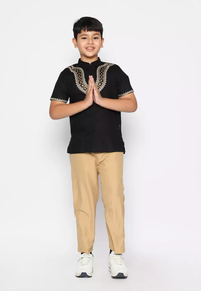 Baju Koko Set Anak Laki Bordir Viral Black - GENUINE
