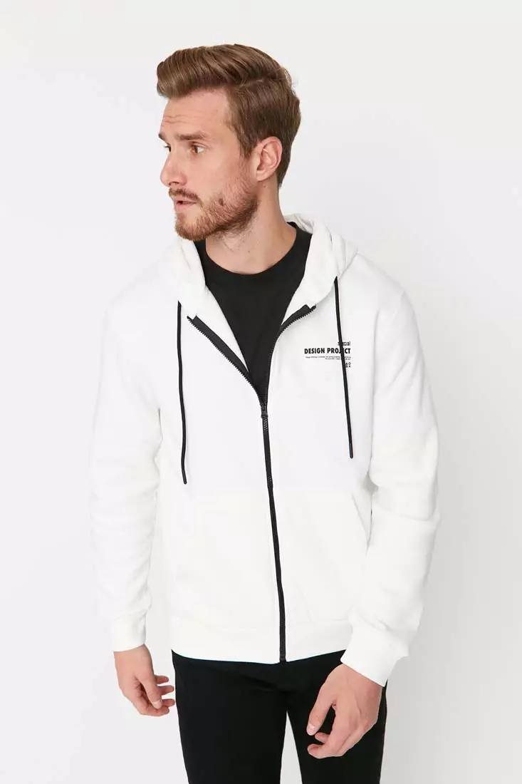 Buy Trendyol White Men s Regular Regular Cut Hoodie with Slogan
