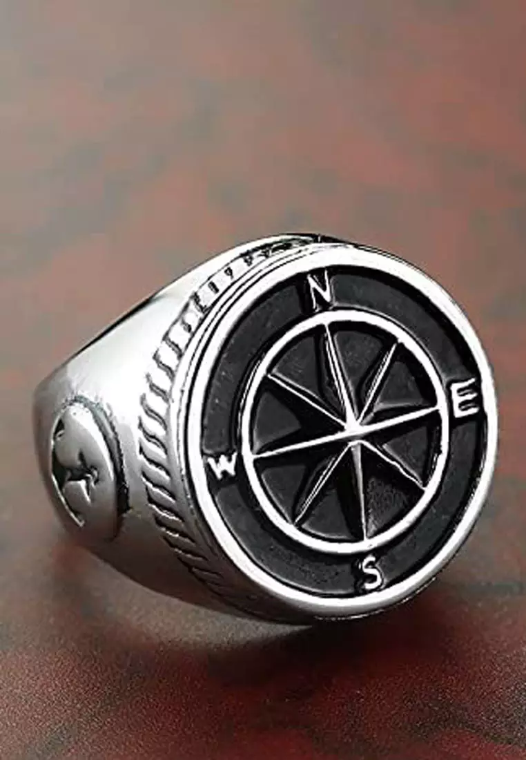 Compass Stainless Steel Ring Cincin Pria Silver