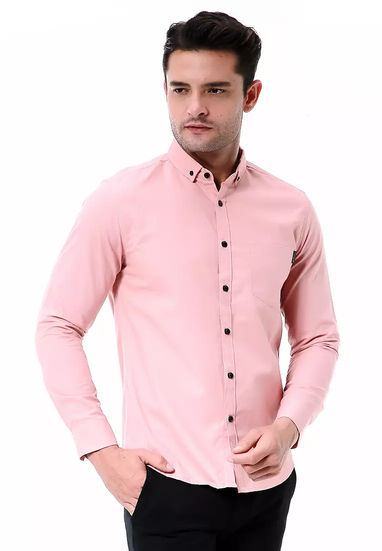 Leopold Kemeja Basic Pria Motif Polos Long Sleeve Material Cotton ORIGINAL - Pink