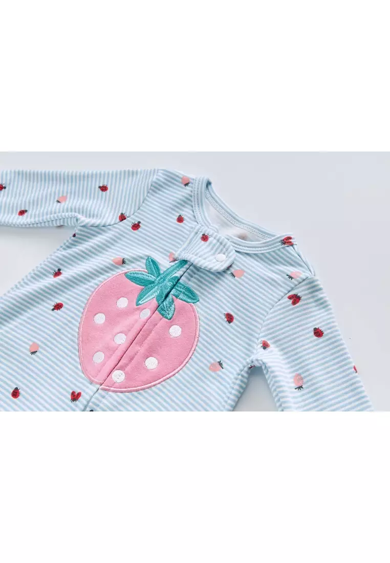 Baby Cotton Sleepsuit Blue Stripes Strawberry Two Way Zipper All In One Jumpsuit Feet Cover