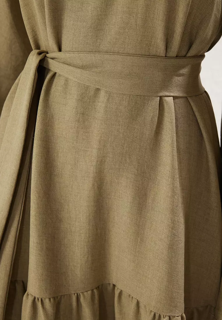 Khaki Belted Linen Look Woven Dress TCTSS25EB00059