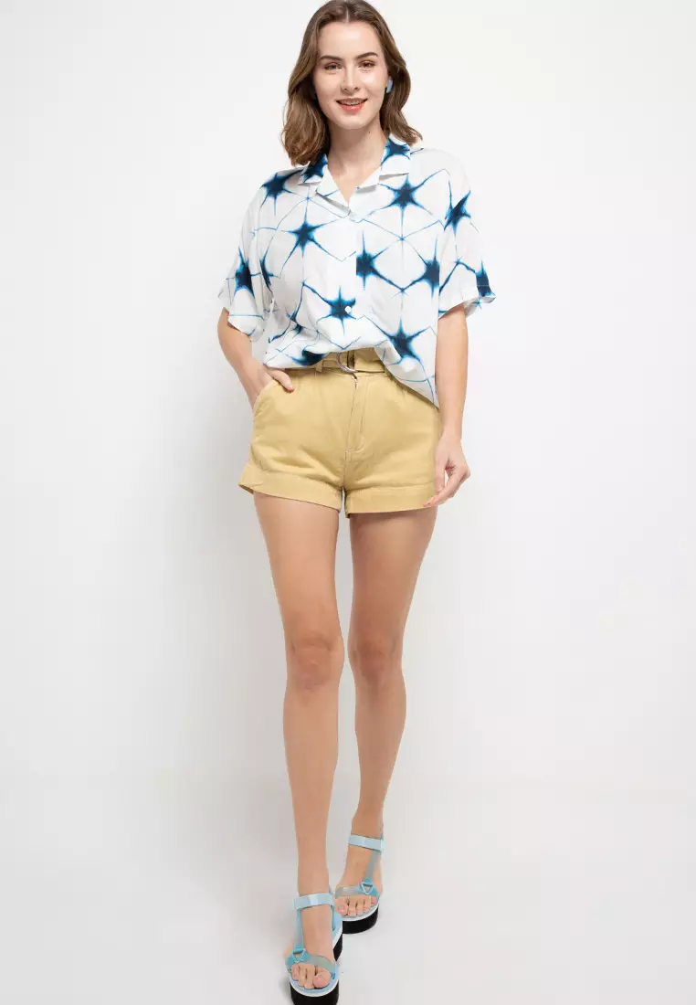 Nade Japan FTA35 VCS Kemeja Rayon Tie Dye Star Kemeja kerah 2-in-1 Kemeja Piyama Wanita Biru