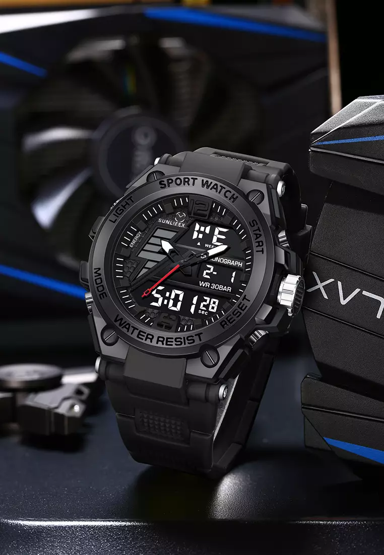 Jam Tangan Pria Analog&Digital Multifungsi Tali Silikon Anti Air Jam Tangan Cowok Allblack