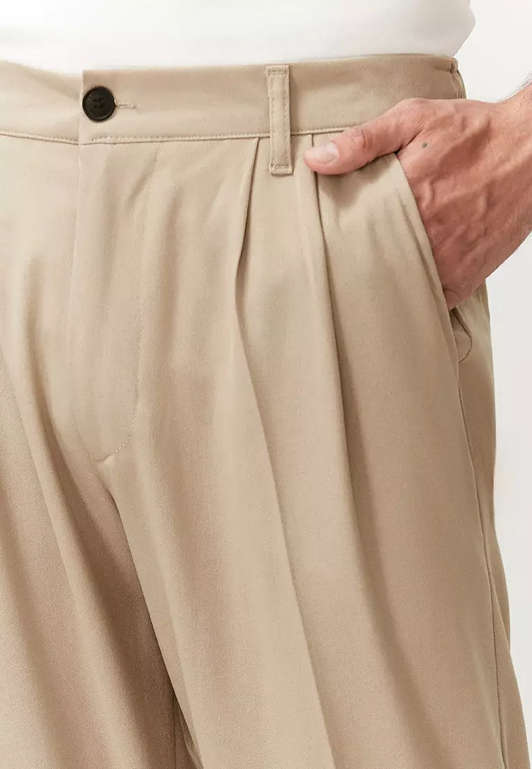 Beige Pleated Classic Baggy Fit Fabric Trousers TMNSS24PL00024