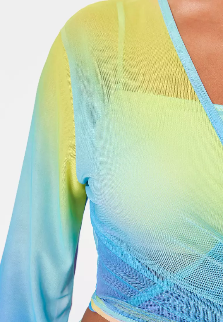 Gradient Patterned Knitted Tied Mesh Blouse Skirt Set